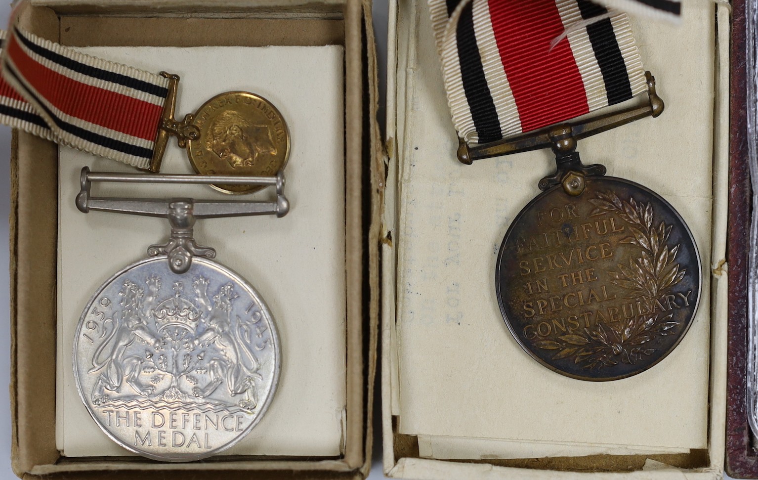 A WWI and WWII Special Constabulary group to PTE. G. HARRINGTON R. SUSSEX R and Special Constabulary for Faithful Service in Brighton Special Constabulary and WWII Defence Medal with silver and enamel masonic medal